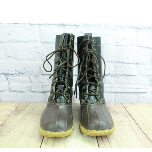 LL Bean Black Leather Lace Up Round Toe Unlined Mid Calf Duck Boots Size 7 M - Picture 4 of 9